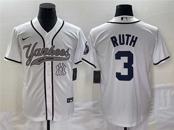Mens New York Yankees #3 Babe Ruth White With Patch Cool Base Stitched Baseball Jersey